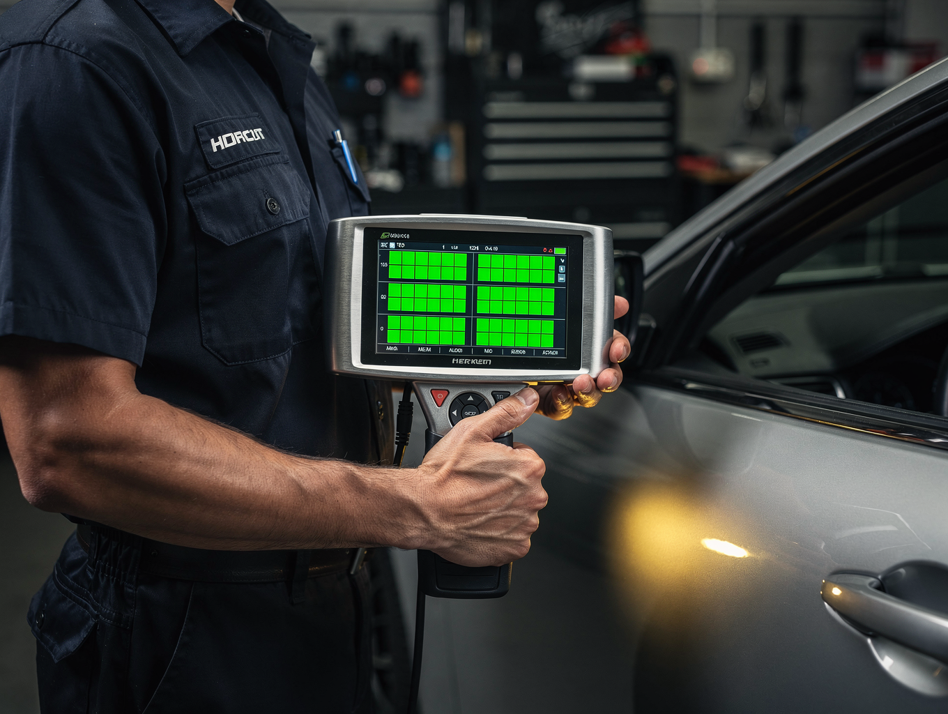 Technician performing computer diagnostics on a modern Japanese vehicle