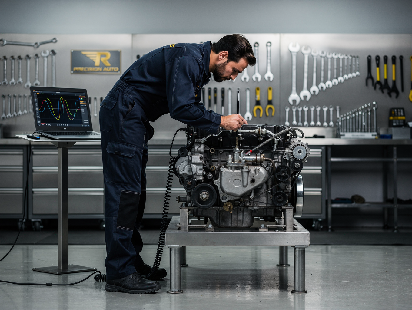 Mechanic inspecting engine bay components on a European luxury vehicle